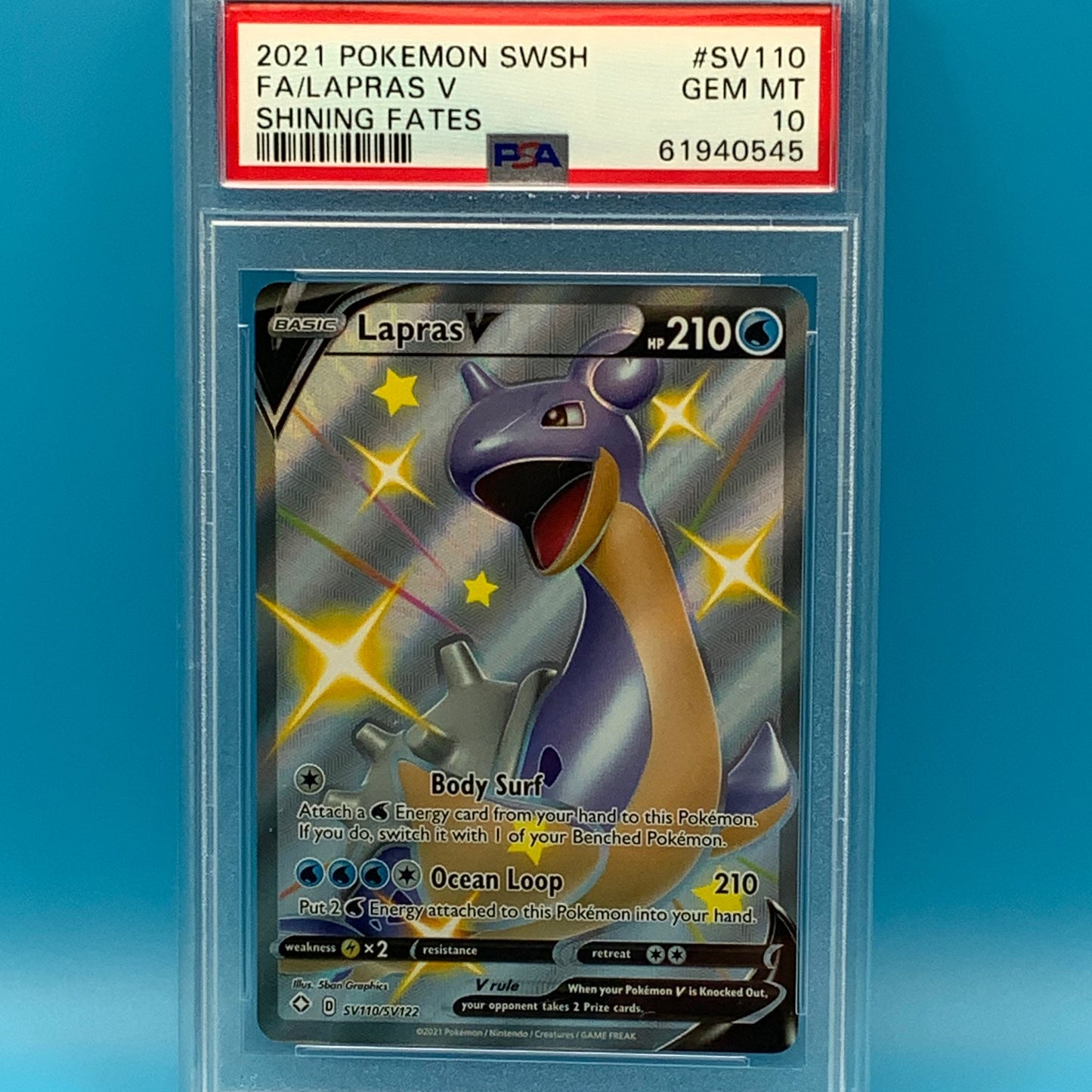 Trading card in protective packaging on a blue background