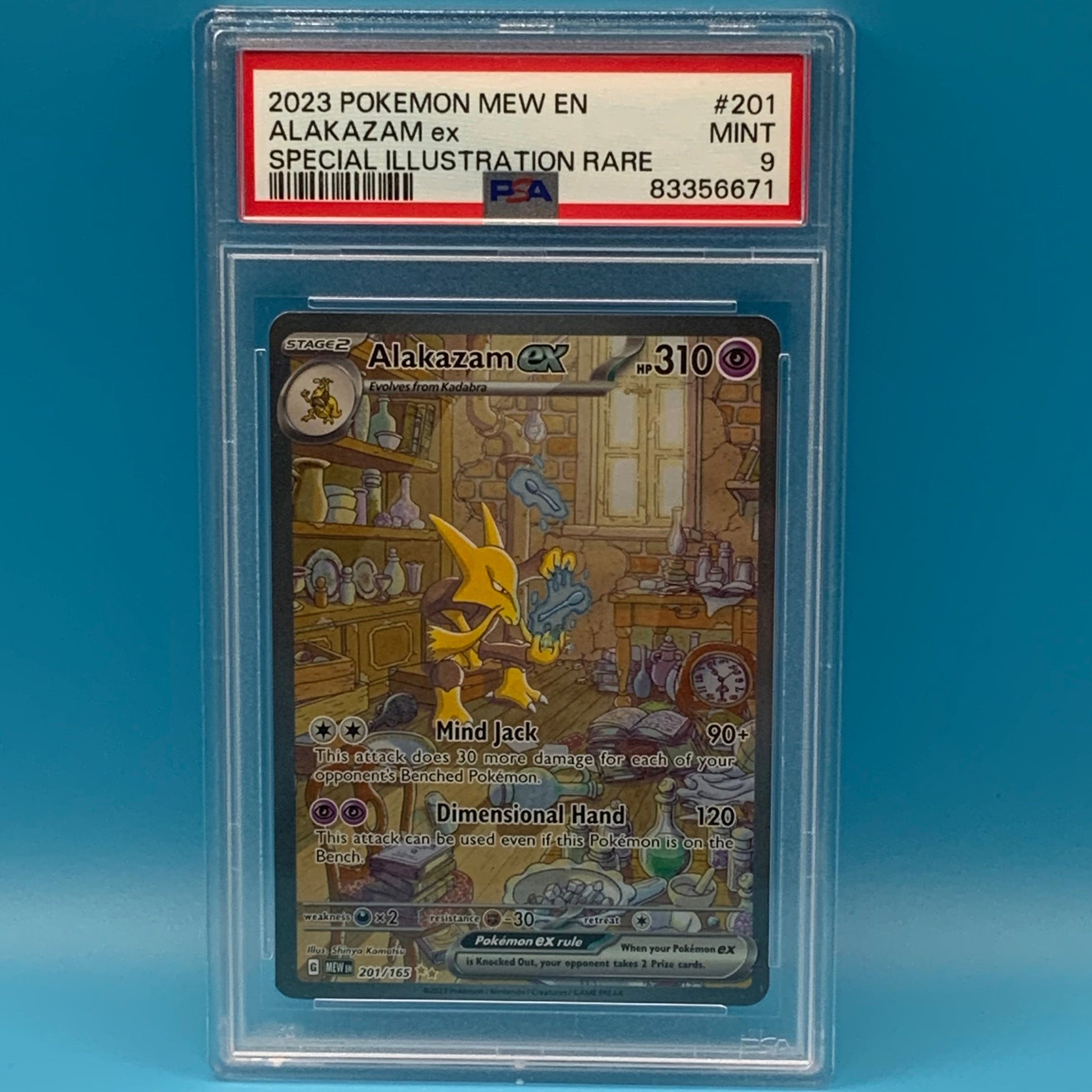 Pokémon trading card in protective packaging on a blue background