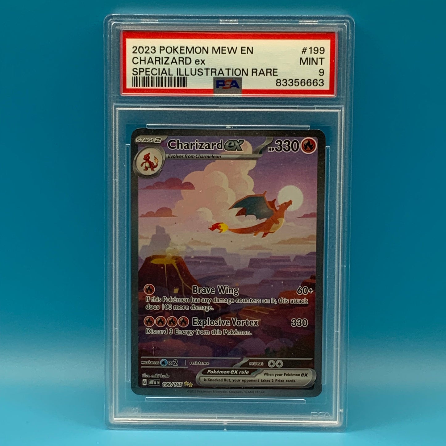 Trading card in protective packaging on a blue background