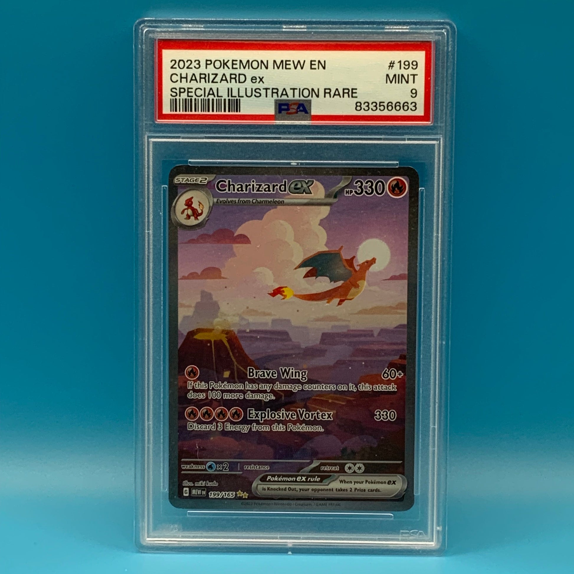 Trading card in protective packaging on a blue background