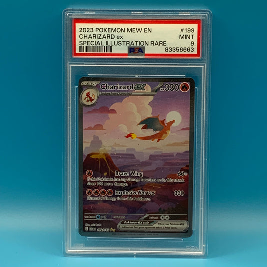 Trading card in protective packaging on a blue background