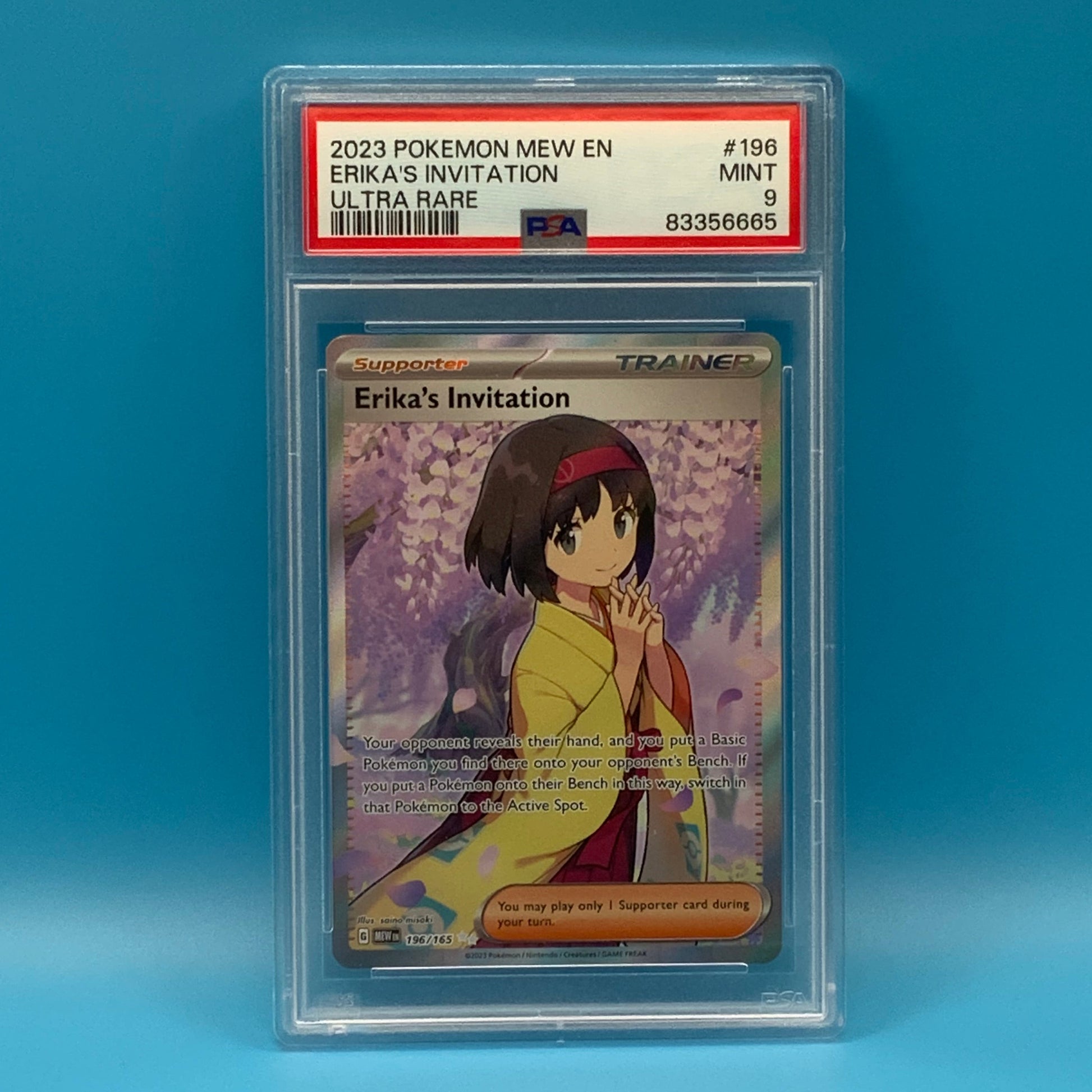 Trading card in protective packaging on a blue background