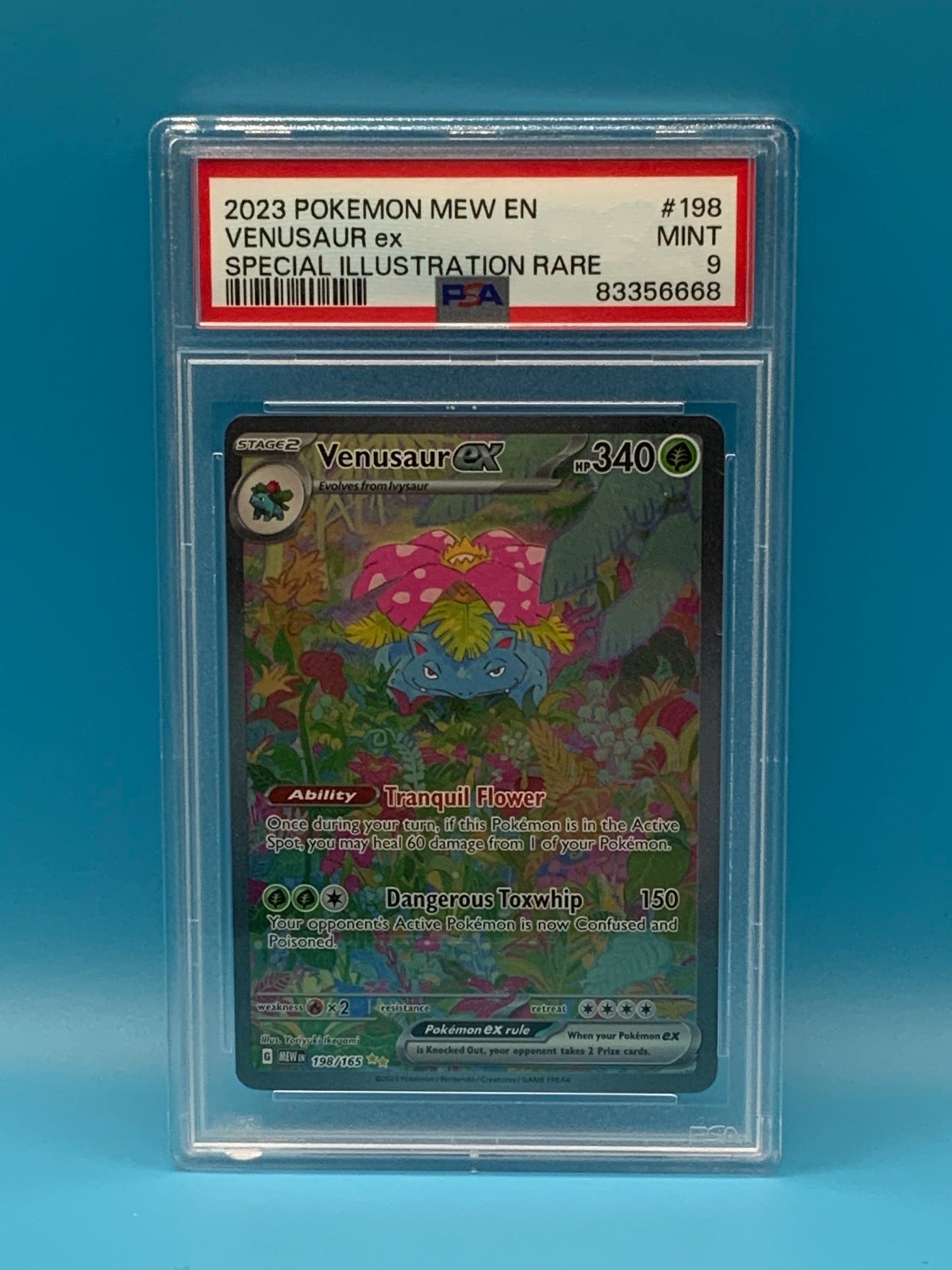 Trading card in a protective case on a blue background