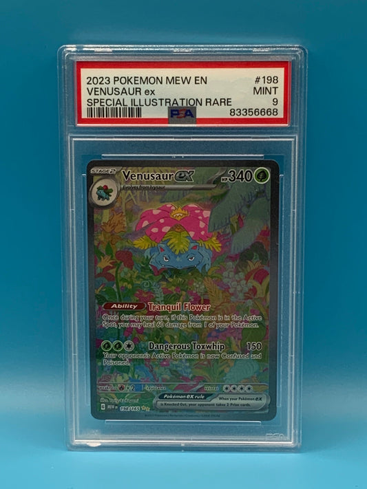 Trading card in a protective case on a blue background